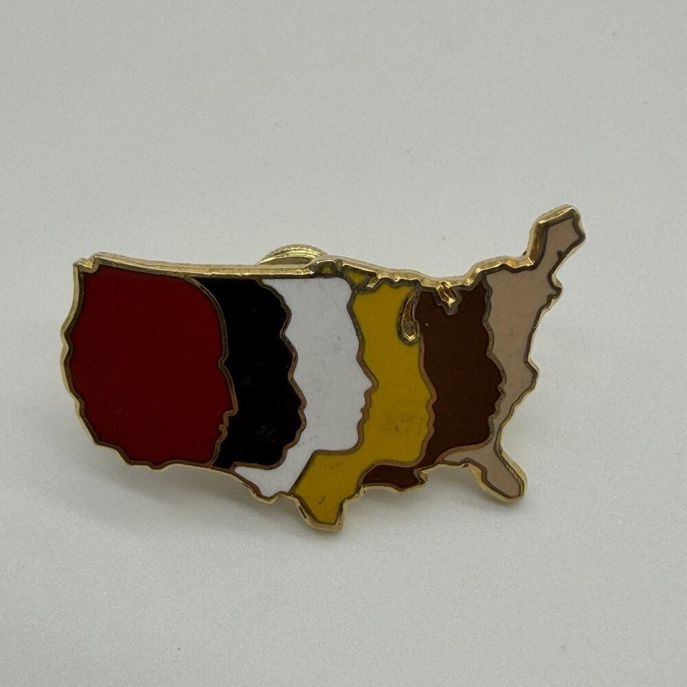 Vintage 1974 BLG USA Map Faces Enamel Multicolor Diversity Lapel Pin 1.5”